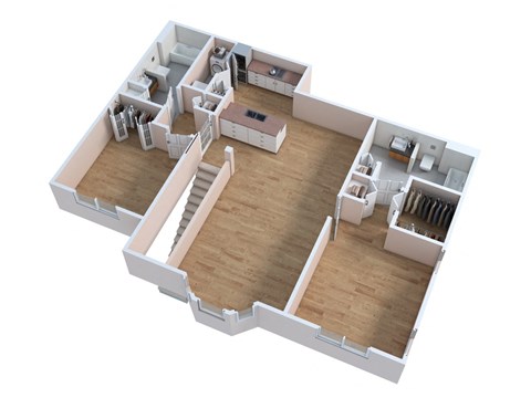 an overhead view of an open floor plan with a kitchen and living room